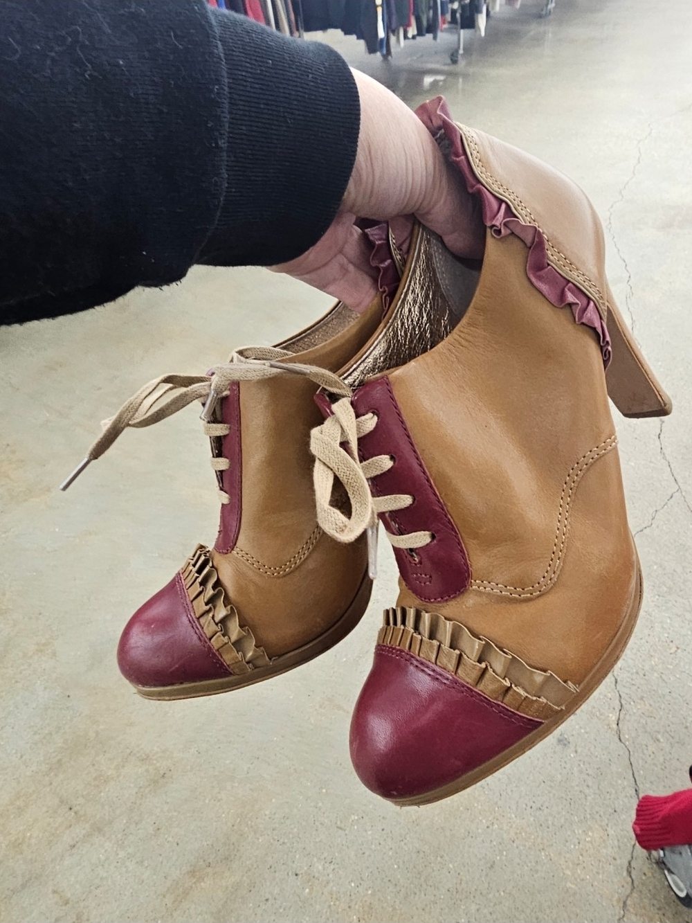 Miss Albright Anthropologie Two-Tone Tan and Burgundy Lace-Up Heeled Oxfords